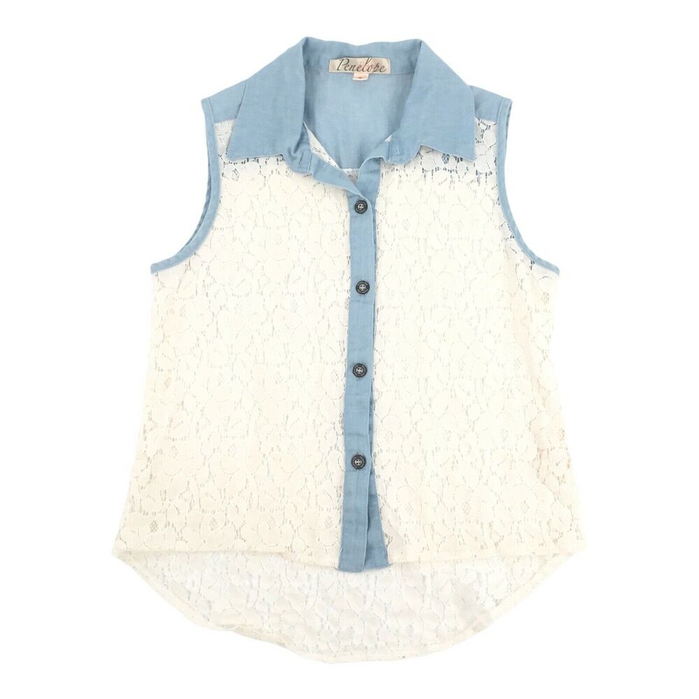Penelope Lace Front Sleeveless Chambray Button Front Blouse Small Blue White Top